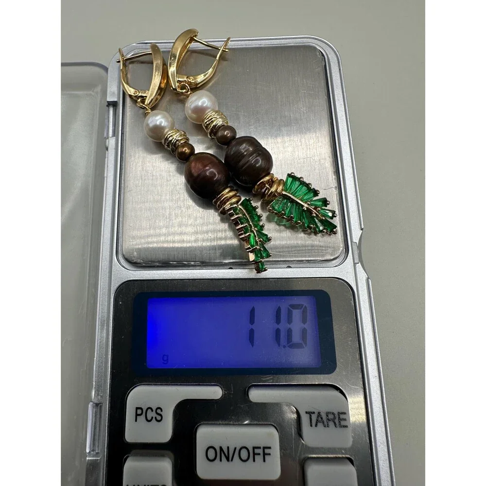 Nature-Inspired Leaf Long Dangle Earrings with Brown & white Freshwater Pearls -